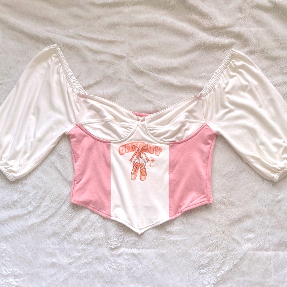 Ohmighty Ballet Corset Puff Peasant Sleeve Bow Girlhoodcore Triangle Crop Top
